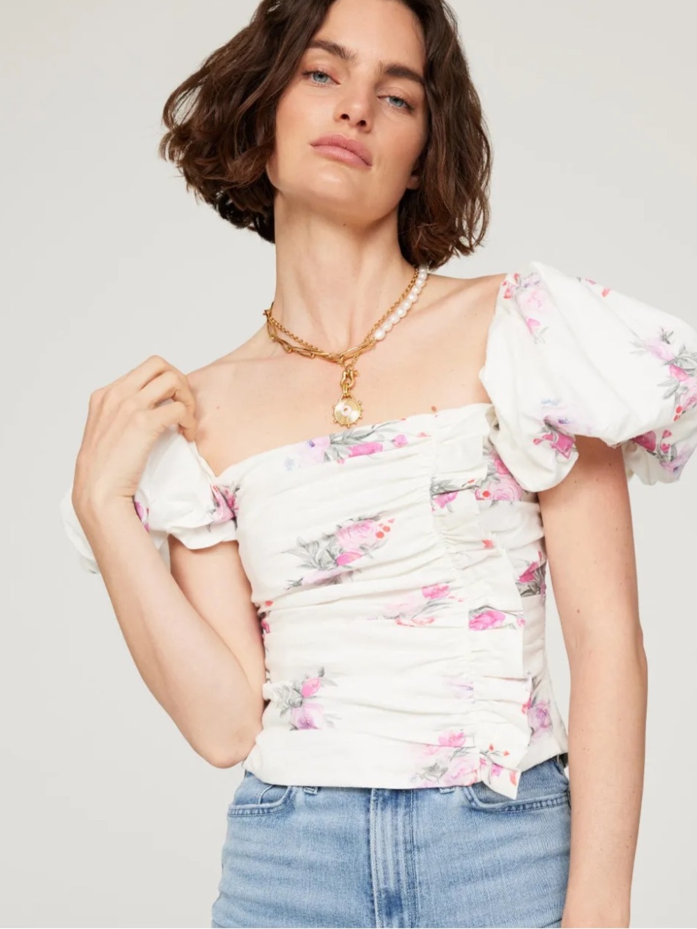 LoveShackFancy White Puff-Sleeve Ruched Floral Crop Top - Pink Accents